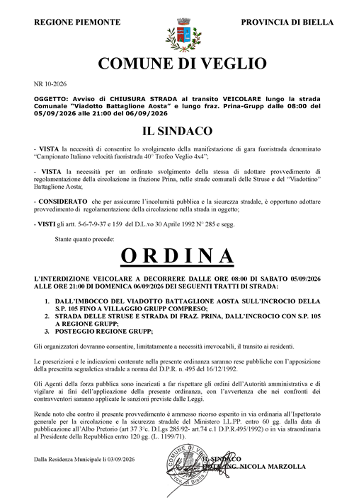 Ordinanza Chiusura Strada Veglio 4x4